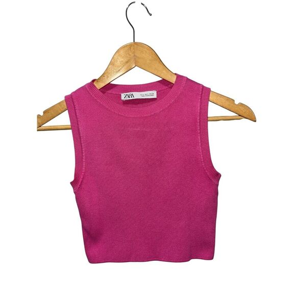 Zara Pink Sleeveless Cropped Knit Round Neck Top Size Small Summer - Picture 1 of 6